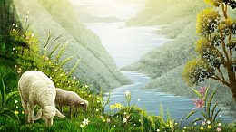 山川河流与动物油画