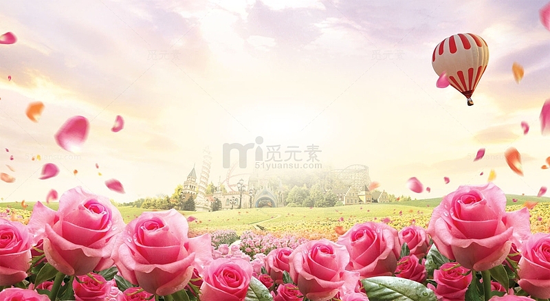 梦幻浪漫玫瑰城堡海报背景七夕情人节