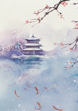 中国风月下水边庭院花枝海报背景