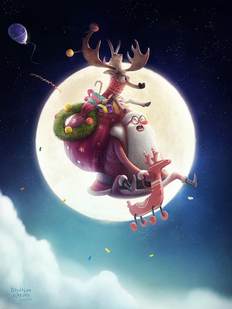 夜下的圣诞老人圣诞节海报背景