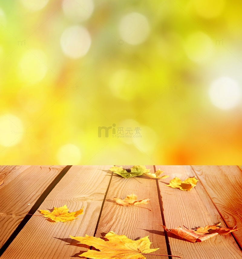 秋天落叶木质桌子海报背景