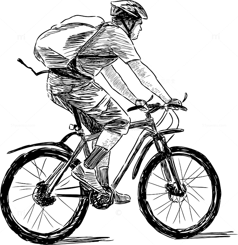 素描黑色旗骑自行车的男人