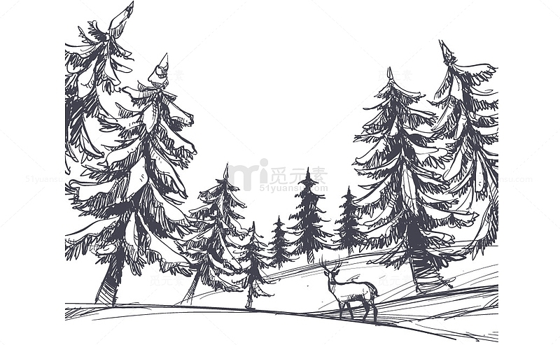 素描手绘冬日森林