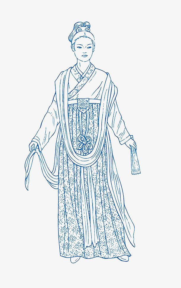 青花瓷线描贵妇人