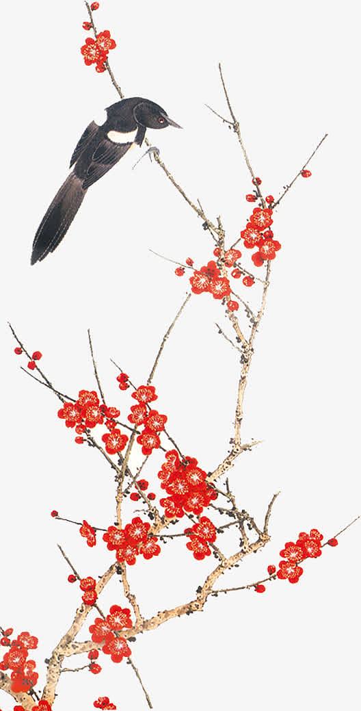 水彩合成冬天的红梅喜鹊
