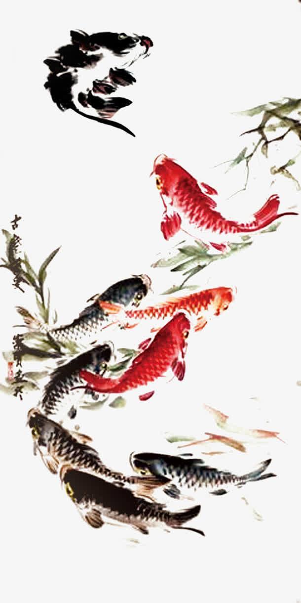 中国风手绘金鱼植物