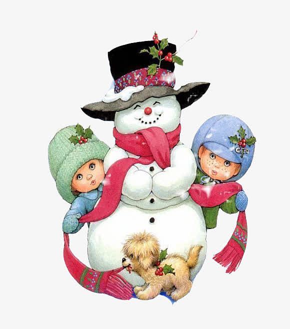 圣诞卡通雪人儿童打雪仗