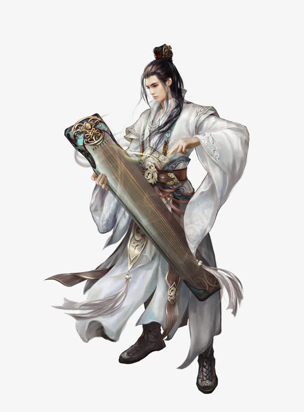 古风白袍持琴少年人物
