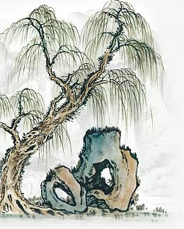 合成水墨山水柳树