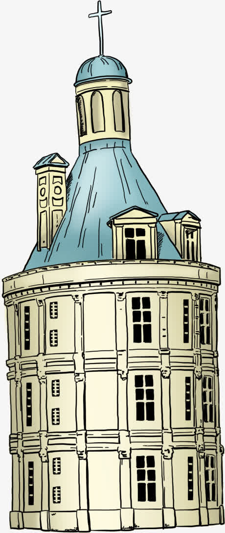 手绘欧式蓝色教堂