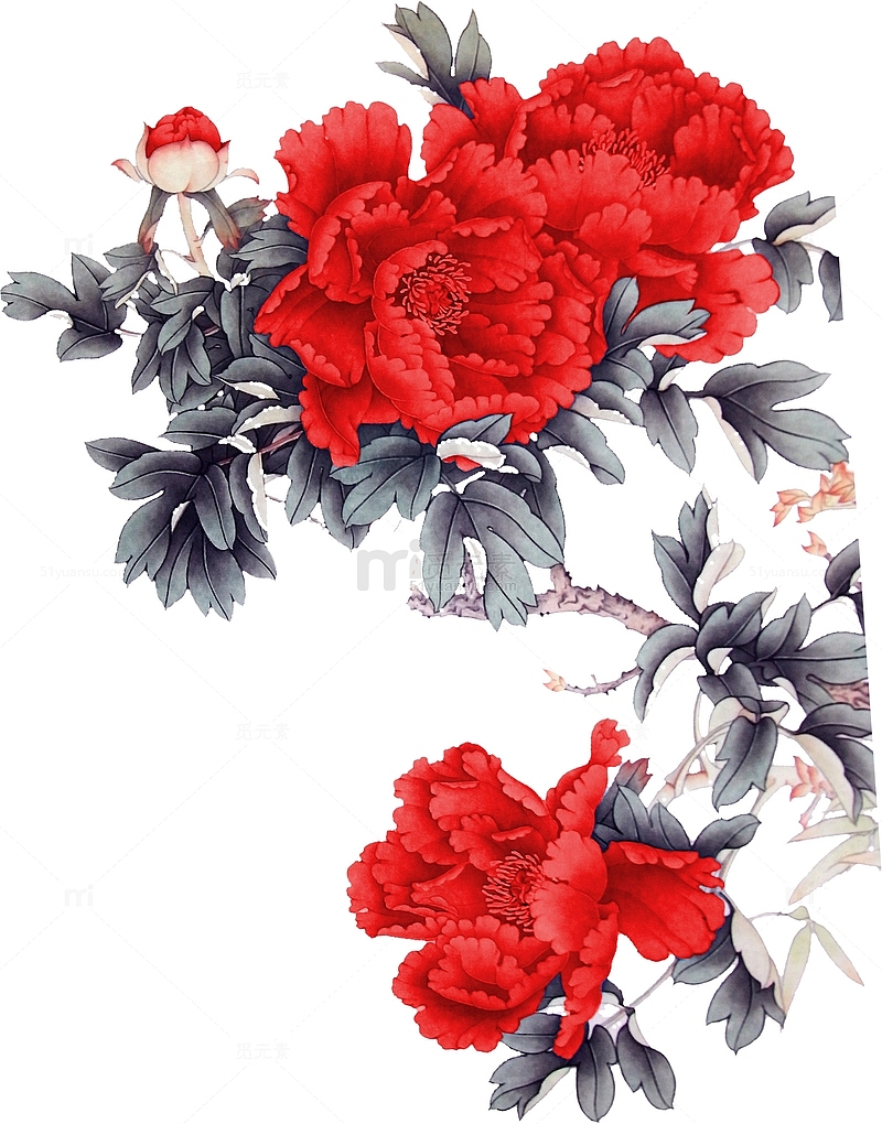 红色手绘室内牡丹花装饰画