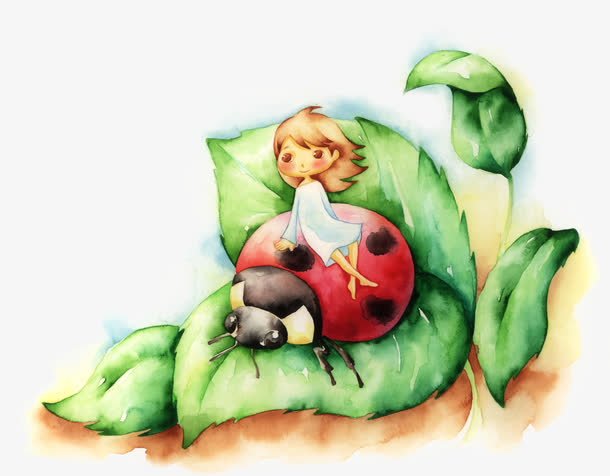 手绘绿色小草瓢虫女孩
