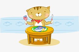 卡通手绘吃鱼猫拿刀叉