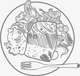 矢量线描灰色食物和刀叉