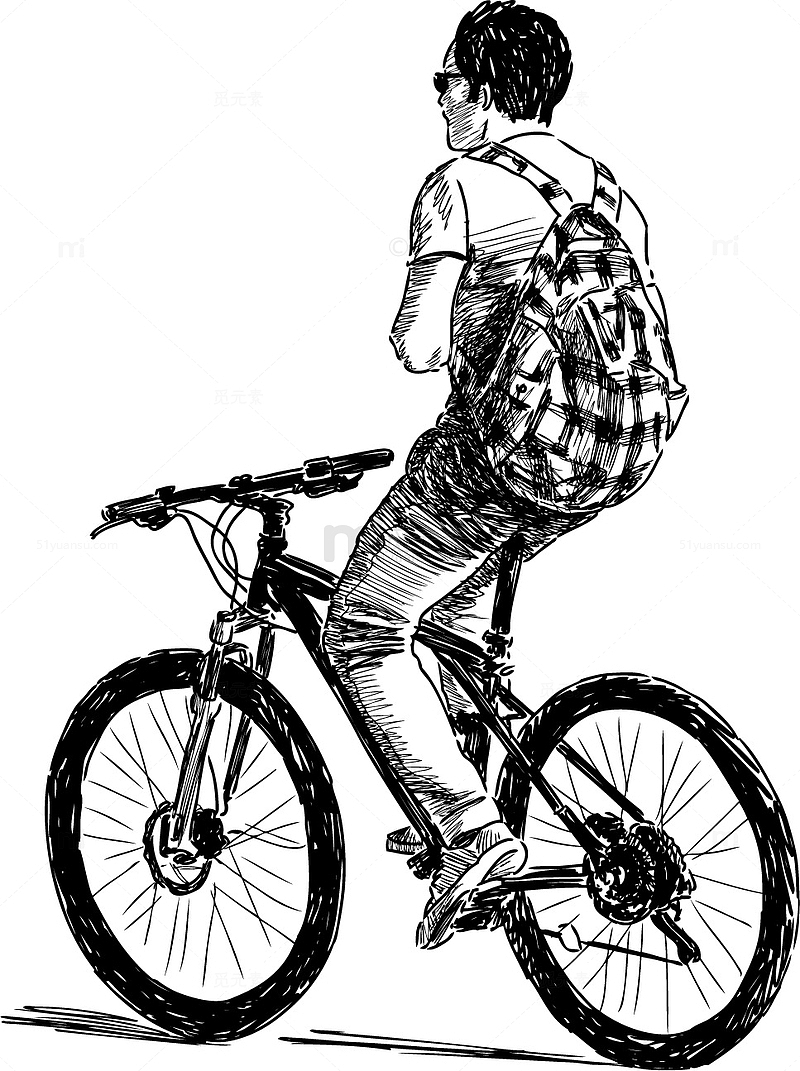素描骑行的背包男学生