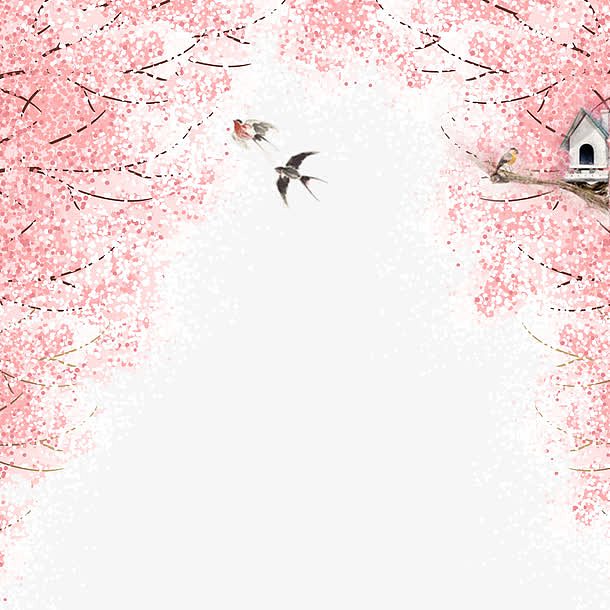 樱花树上的房子及鸟