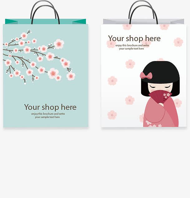 矢量手绘两个日本风情的购物袋