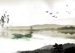 唯美古风水彩插画水墨山水