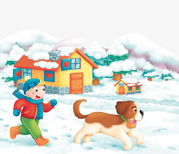 雪地奔跑的孩子和狗