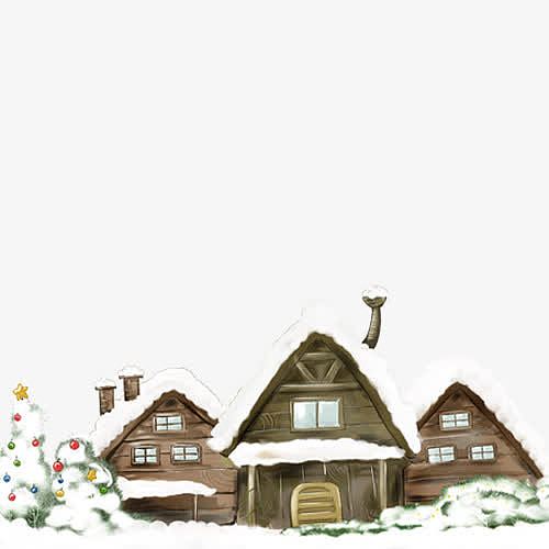 冬雪下的屋子和雪人png素材
