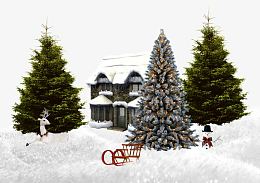 雪地里的房子和松树