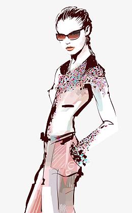 矢量水彩笔触与时尚美女插画模板