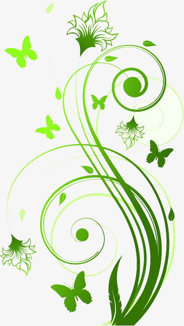 绿色卡通树枝线条蝴蝶