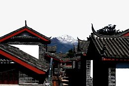 云南丽江古城与玉龙雪山远景