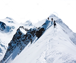 在巍峨的雪山上攀登的登山队