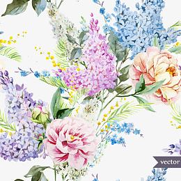 水彩丁香花与牡丹花矢量素材