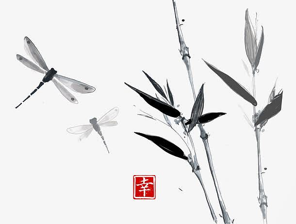 中国风水墨蜻蜓竹叶