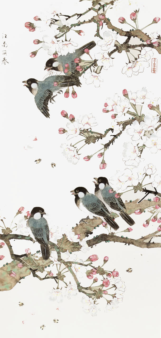 水墨桃花树上 的鸟背景