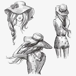 手绘带帽子的女子设计矢量素材