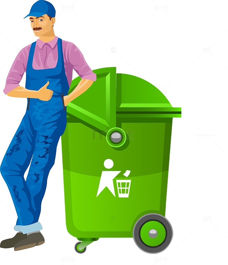 清洁工人及垃圾桶卡通矢量素材