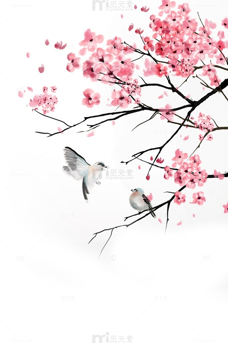粉色手绘中国网桃花小鸟
