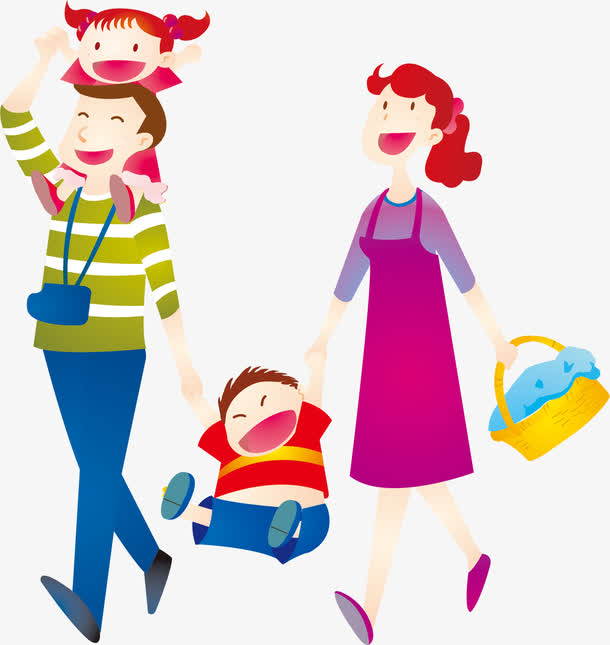 欢乐家庭出游人物手绘