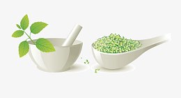 薄荷叶子捣药碗和锤子