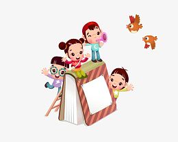 淘气的小孩站在书本上