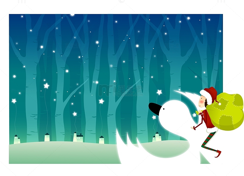卡通冬天骑着天鹅的圣诞老人