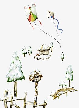 手绘梦幻郊外雪景风景插画图片