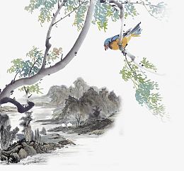 水墨画黄鹂鸟山水画