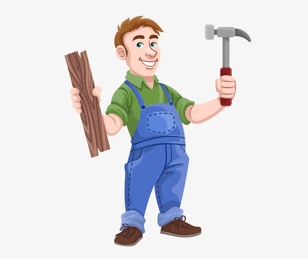 卡通手绘木匠拿木板和锤子