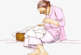 年迈妈妈缝补衣服手绘