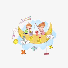 卡通月亮上的小孩