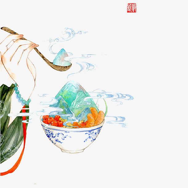中国风水墨画小暑吃冰