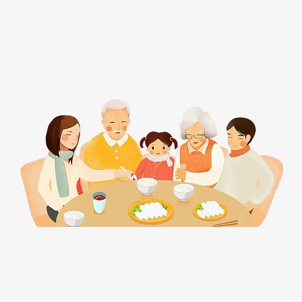 卡通一家人围桌吃饭