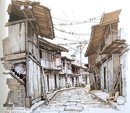 水粉画老街图片