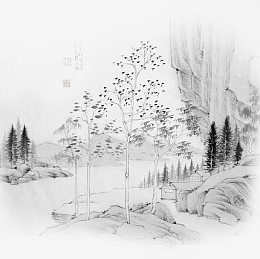 小河树林青山水墨图