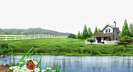 河流青草房屋背景素材