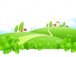 卡通矢量手绘绿色草地植物房子
